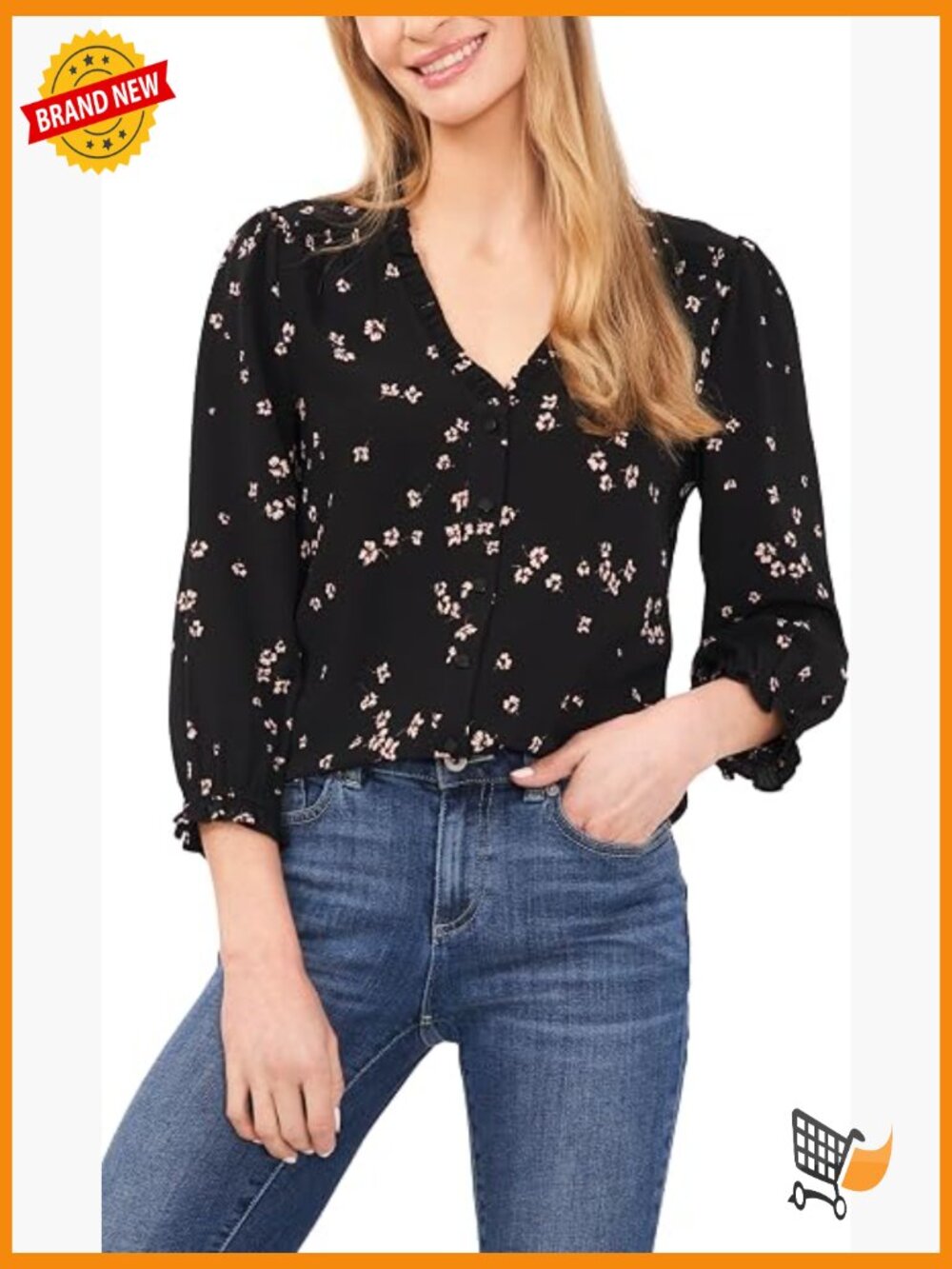 3/4 Sleeve V-Neck Button Down Blouse with Ruffle Sleeves